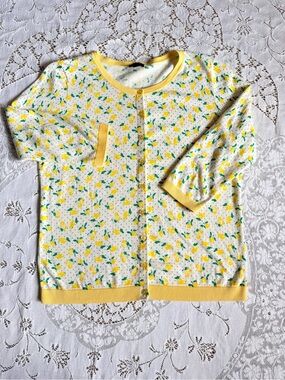 Talbots Women’s Petite Lemon Print "Charming Cardigan" - 3/4 Sleeve - Size LP